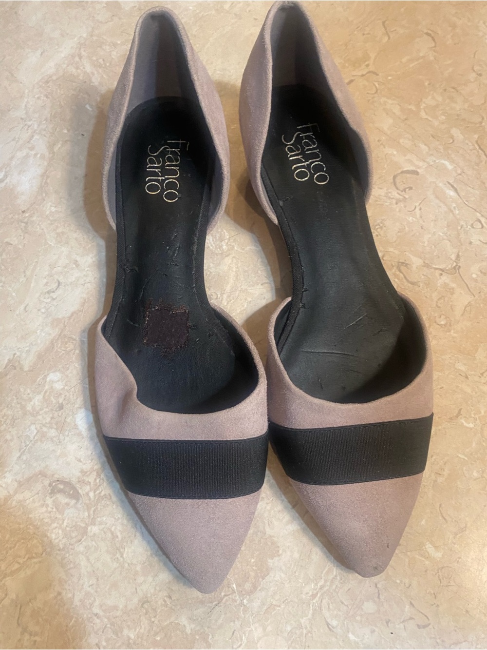 Franco Sarto Blush Pink Pointed D'Orsay Flats with Black Band